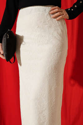 Çiçek Dantelli Tül Kalem Etek Ekru - Yılın Fırsatı