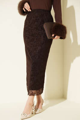 Çiçek Dantelli Tül Kalem Etek Kahve - FİXAY