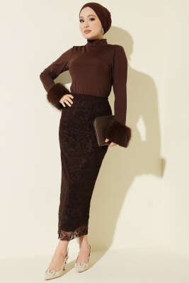 Çiçek Dantelli Tül Kalem Etek Kahve - Etek