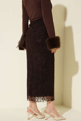 Çiçek Dantelli Tül Kalem Etek Kahve - Etek