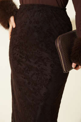 Çiçek Dantelli Tül Kalem Etek Kahve - Etek