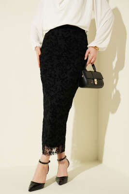 Çiçek Dantelli Tül Kalem Etek Siyah - FİXAY