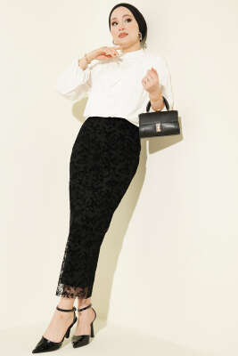 Çiçek Dantelli Tül Kalem Etek Siyah - Etek