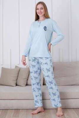 Çiçek Demetli Düğmeli Uzun Kol Pijama Takım Buz Mavisi 