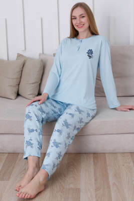 Çiçek Demetli Düğmeli Uzun Kol Pijama Takım Buz Mavisi - Kadın Pijama Takımı