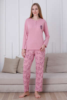 Çiçek Demetli Düğmeli Uzun Kol Pijama Takım Gül Kurusu - Kadın Pijama Takımı