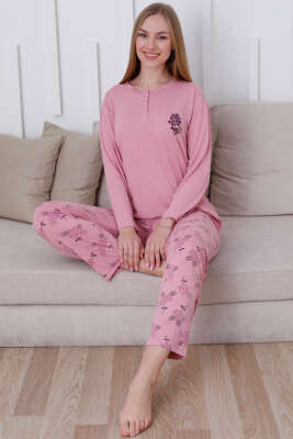 Çiçek Demetli Düğmeli Uzun Kol Pijama Takım Gül Kurusu 