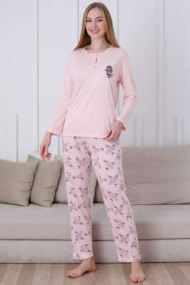 Çiçek Demetli Düğmeli Uzun Kol Pijama Takım Yavru Ağzı - Kadın Pijama Takımı