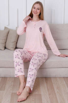 Çiçek Demetli Düğmeli Uzun Kol Pijama Takım Yavru Ağzı - Kadın Pijama Takımı