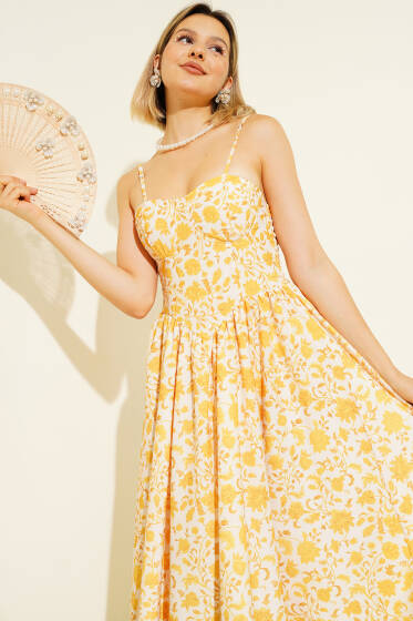 Çiçek Desen Askılı Midi Elbise Sarı - Kadın Giyim Modelleri