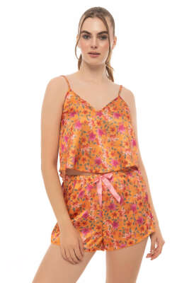 Çiçek Desen Askılı Saten Pijama Takımı Oranj - Kadın Pijama Takımı