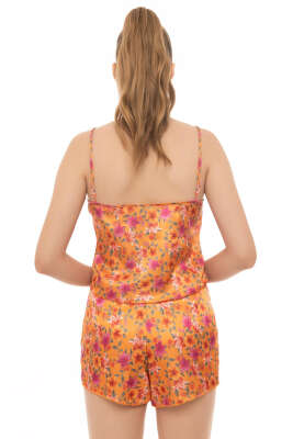 Çiçek Desen Askılı Saten Pijama Takımı Oranj - Kadın Pijama Takımı