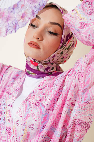 Çiçek Desen Bambu Kraş Eşarp Mor - Başörtüsü
