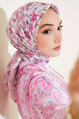 Çiçek Desen Bambu Kraş Eşarp Pembe 
