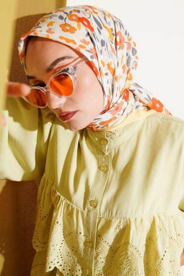 Çiçek Desen Bambu Kraş Eşarp Sarı - Başörtüsü