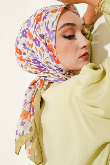 Çiçek Desen Bambu Kraş Eşarp Zeytin Yeşili - Başörtüsü