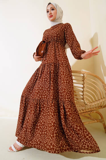 Çiçek Desen Bel Tünelli Elbise Kahve - Elbise