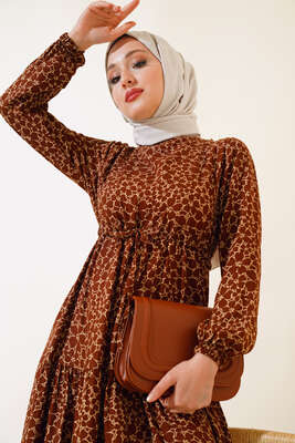 Çiçek Desen Bel Tünelli Elbise Kahve - Tesettür Elbise