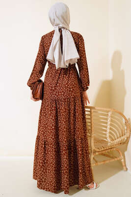 Çiçek Desen Bel Tünelli Elbise Kahve - Tesettür Elbise