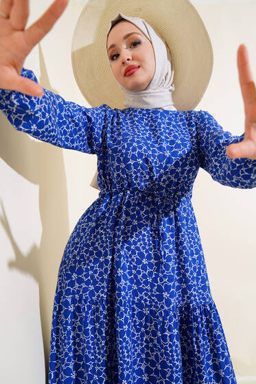 Çiçek Desen Bel Tünelli Elbise Saks - Elbise