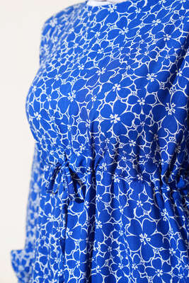 Çiçek Desen Bel Tünelli Elbise Saks - Tesettür Elbise