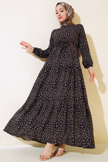 Çiçek Desen Bel Tünelli Elbise Siyah Bej - Elbise