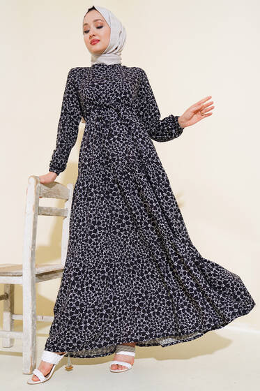 Çiçek Desen Bel Tünelli Elbise Siyah - Elbise