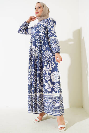 Çiçek Desen Bileği Lastikli Elbise İndigo - Elbise