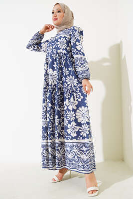 Çiçek Desen Bileği Lastikli Elbise İndigo