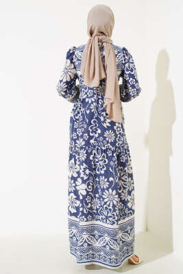 Çiçek Desen Bileği Lastikli Elbise İndigo - Tesettür Elbise