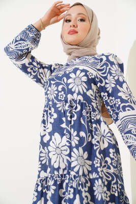 Çiçek Desen Bileği Lastikli Elbise İndigo - Tesettür Elbise