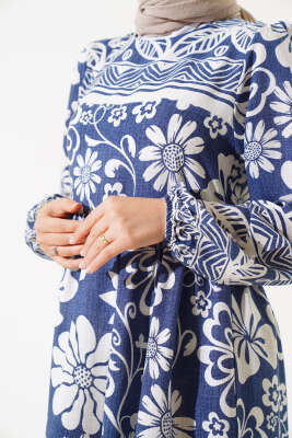 Çiçek Desen Bileği Lastikli Elbise İndigo - Tesettür Elbise