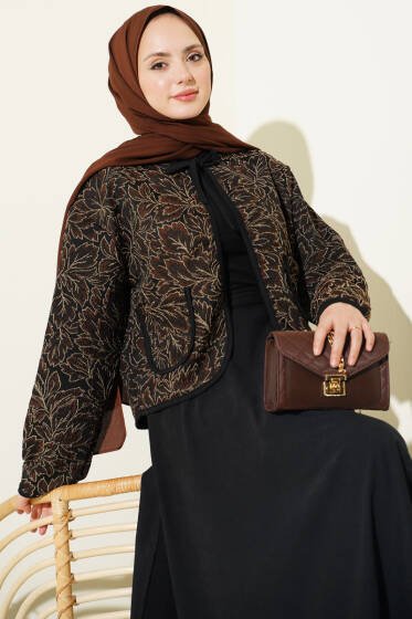 Çiçek Desen Ceketli Etekli İkili Takım Kahve - İkili Takım