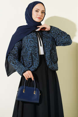 Çiçek Desen Ceketli Etekli İkili Takım Mavi - İkili Takım