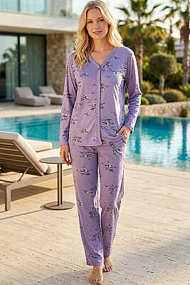Çiçek Desen Düğmeli Uzun Kol Pijama Takım Lila - GLİSA