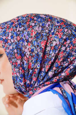 Çiçek Desen Elegance Eşarp Saks - Başörtüsü