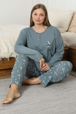 Çiçek Desen Fitilli Büyük Beden Pijama Takımı Çağla Yeşili 