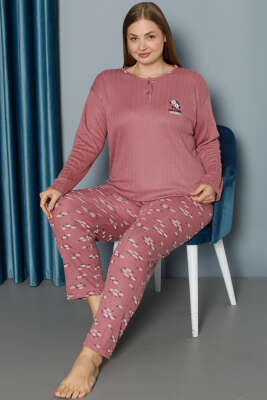 Çiçek Desen Fitilli Büyük Beden Pijama Takımı Gül Kurusu 