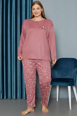 Çiçek Desen Fitilli Büyük Beden Pijama Takımı Gül Kurusu - Pijama