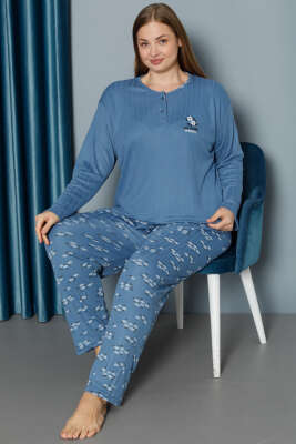 Çiçek Desen Fitilli Büyük Beden Pijama Takımı İndigo - Pijama