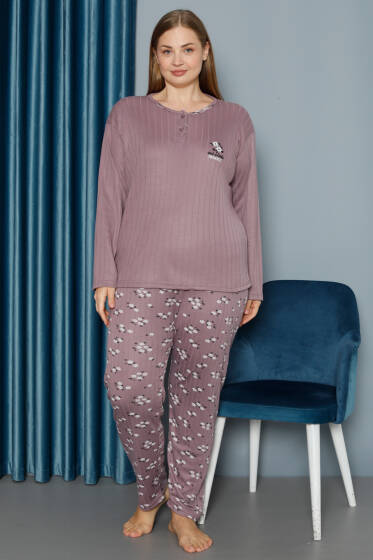 Çiçek Desen Fitilli Büyük Beden Pijama Takımı Mürdüm - Pijama