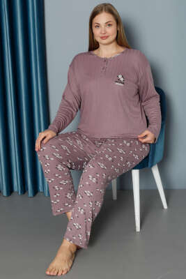 Çiçek Desen Fitilli Büyük Beden Pijama Takımı Mürdüm - Pijama