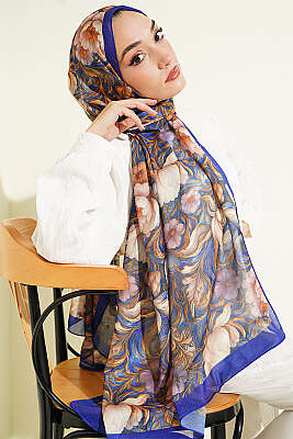 Çiçek Desen Fransız İpeği Şal Saks 