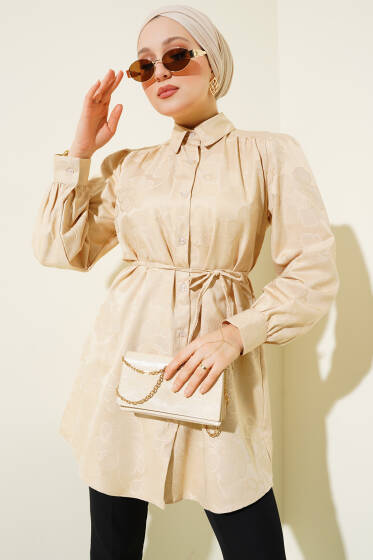 Çiçek Desen İp Kuşaklı Jakar Gömlek Bej - Gömlek