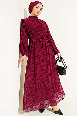 Çiçek Desen İp Kuşaklı Tül Elbise Bordo - BIGDART