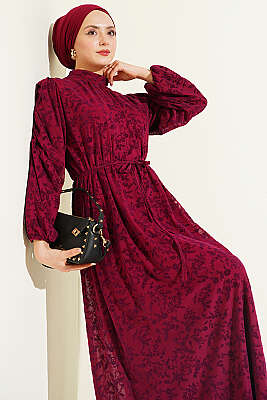 Çiçek Desen İp Kuşaklı Tül Elbise Bordo - Elbise