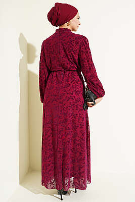 Çiçek Desen İp Kuşaklı Tül Elbise Bordo - Elbise