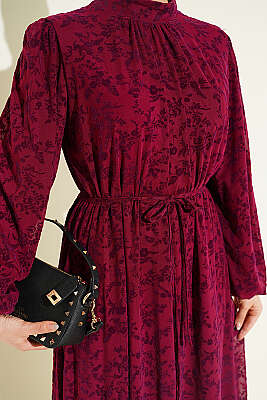 Çiçek Desen İp Kuşaklı Tül Elbise Bordo - Elbise