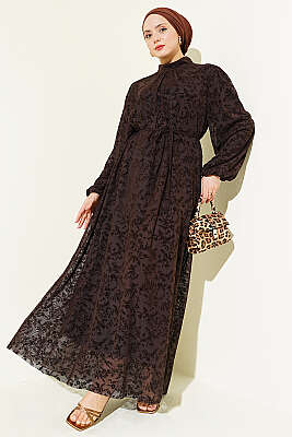 Çiçek Desen İp Kuşaklı Tül Elbise Kahve - BIGDART