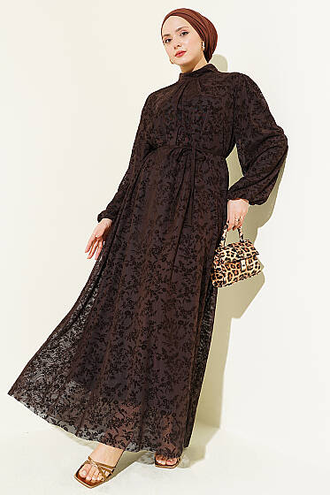 Çiçek Desen İp Kuşaklı Tül Elbise Kahve - Elbise